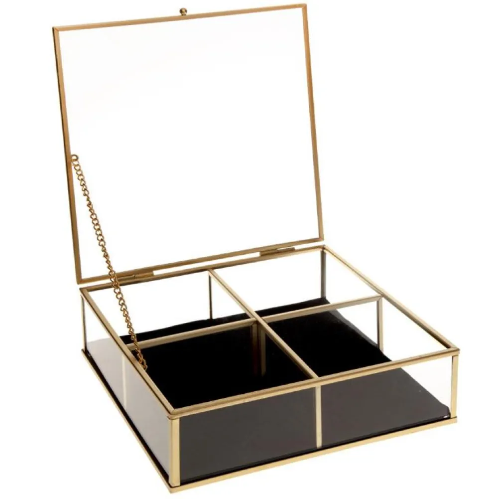 Atmosphera Boite Bijoux Verre Velours Carre Gold- Rangements A Bijoux