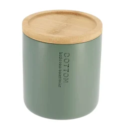 Accessoires De Salle De Bain|* Boîte A Coton Polyresine Couvercle Bambou Kaki Bambou