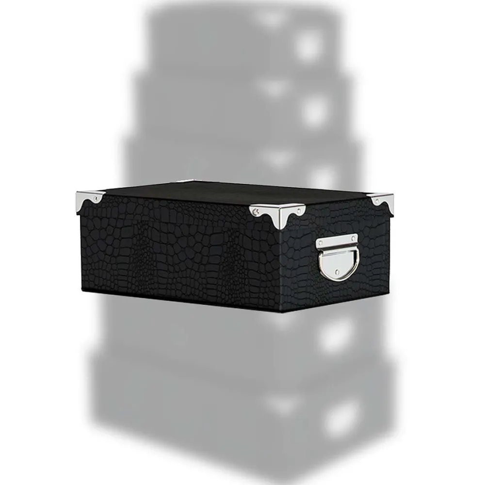 Boîte De Rangement|* Boîte Coins Metal Croco Noir Ou Gris 36X24.5X12.5 Cm