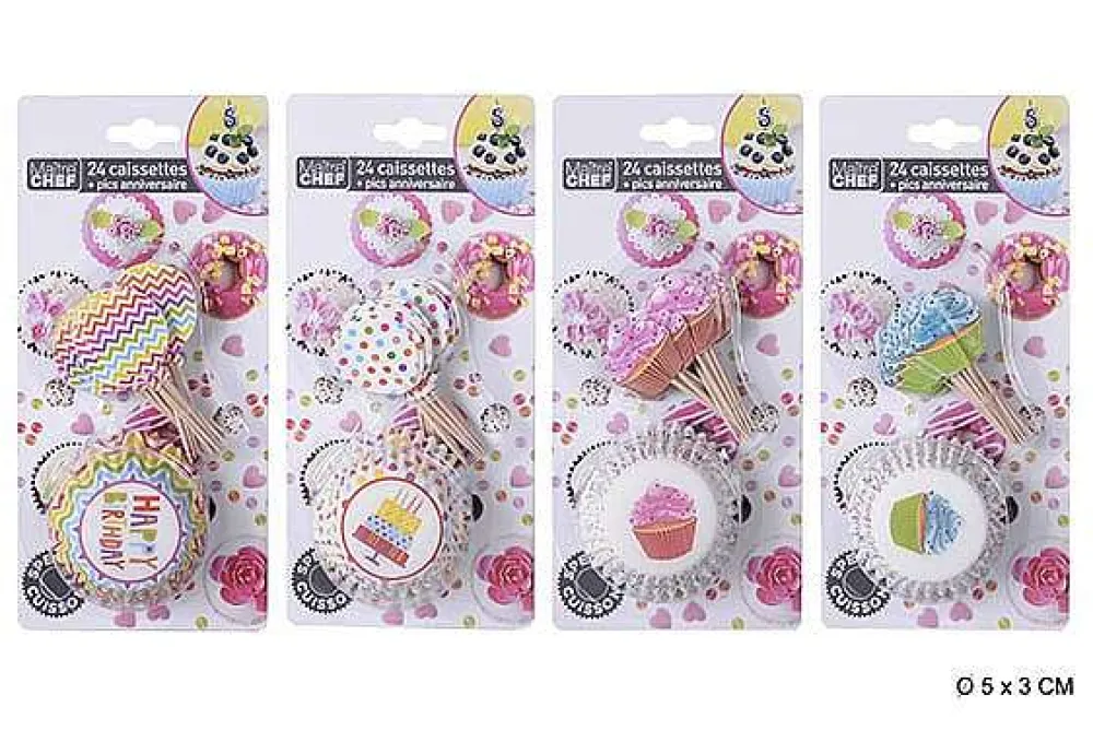Pâtisserie|* Caissette Et Pics Imprimes.D.5X3Cm Anniversaire X24Pcs