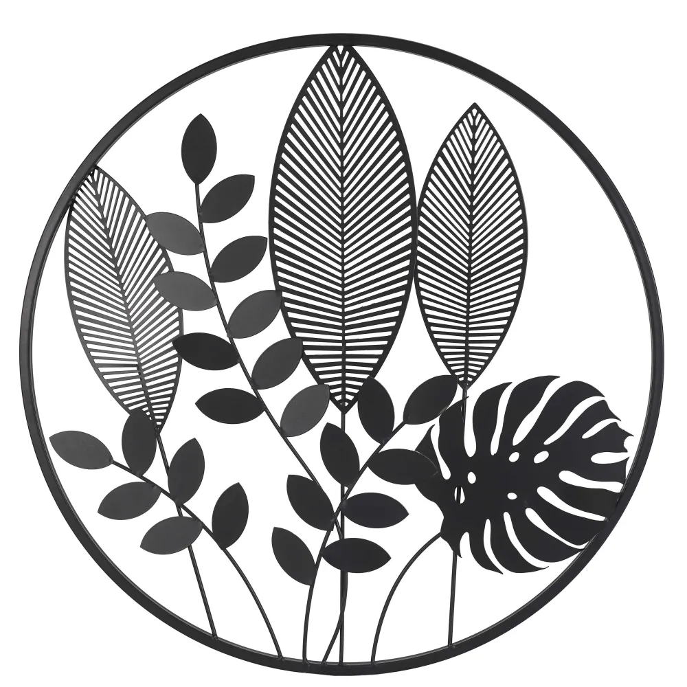 maxibazar Decoration Murale Metal Noir Feuilles D.55Cm- Plaques Murales