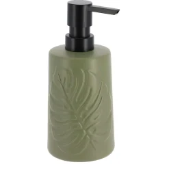 Accessoires De Salle De Bain|* Distributeur A Savon Gres Rond Décor Feuille 430Ml Kaki