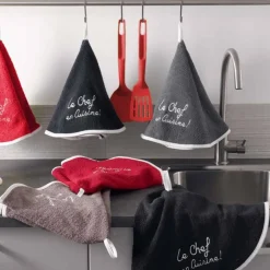 maxibazar Essuie Main Rond 60 Cm Eponge Brodee Cuistot Noir- Torchons Et Essuie Mains