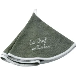 maxibazar Essuie Main Rond 60 Cm Eponge Brodee Cuistot Kaki- Torchons Et Essuie Mains