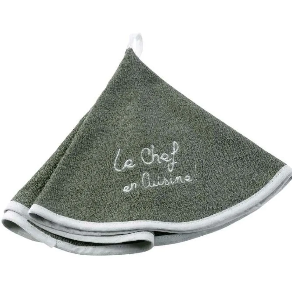 maxibazar Essuie Main Rond 60 Cm Eponge Brodee Cuistot Kaki- Torchons Et Essuie Mains
