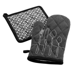 maxibazar Gant Et Manique Recycle Imprime Anthracite- Gants De Cuisine Et Maniques