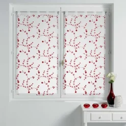 maxibazar Paire Droite Passants 2X60X120Cm Petite Fleur Blanc Rouge- Petits Vitrages