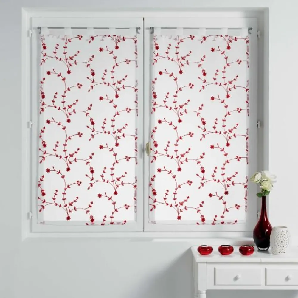 maxibazar Paire Droite Passants 2X60X120Cm Petite Fleur Blanc Rouge- Petits Vitrages