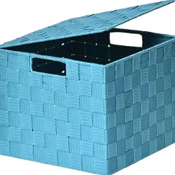 Rangements Deco|* Panier Carre Polyester Avec Couvercle Turquoise Taille M