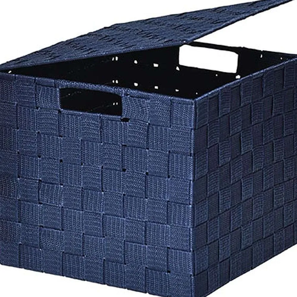 Rangements Deco|* Panier Carre Polyester Avec Couvercle Bleu Marine Taille L