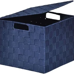 Rangements Deco|* Panier Carre Polyester Avec Couvercle Bleu Marine Taille M