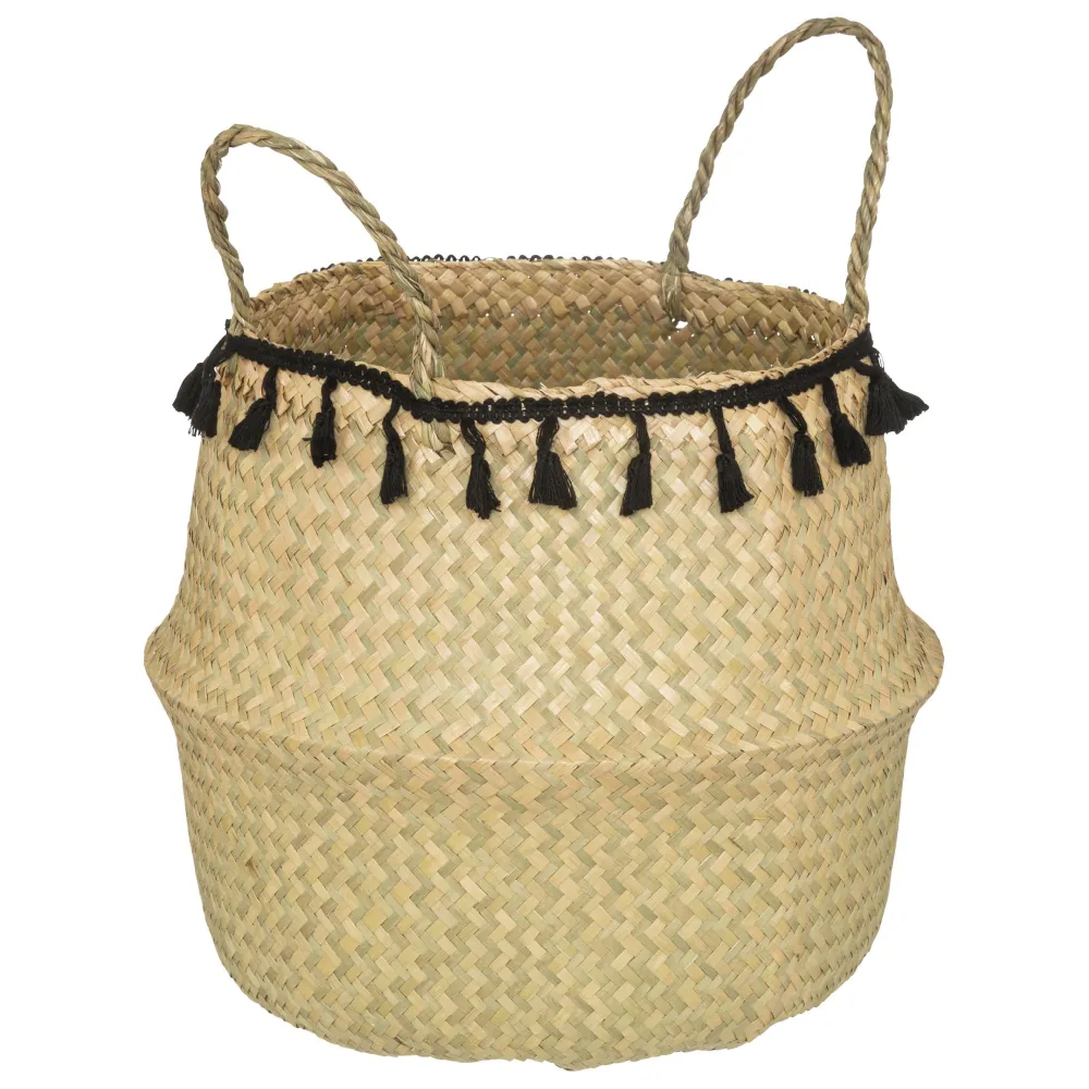 maxibazar Panier Pli Pompons Noir Alina D.30X37Cm- Paniers Et Cagettes