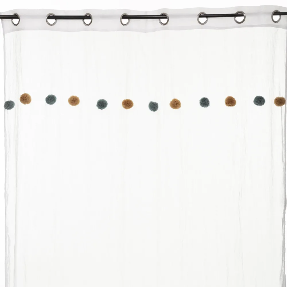Atmosphera Voilage Pompons Bleu Ocre- Voilage Et Rideau Enfant